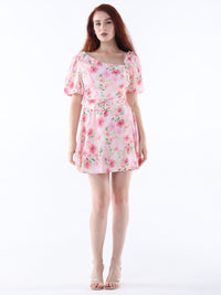 Asymmetric Neck Floral Mini Dress