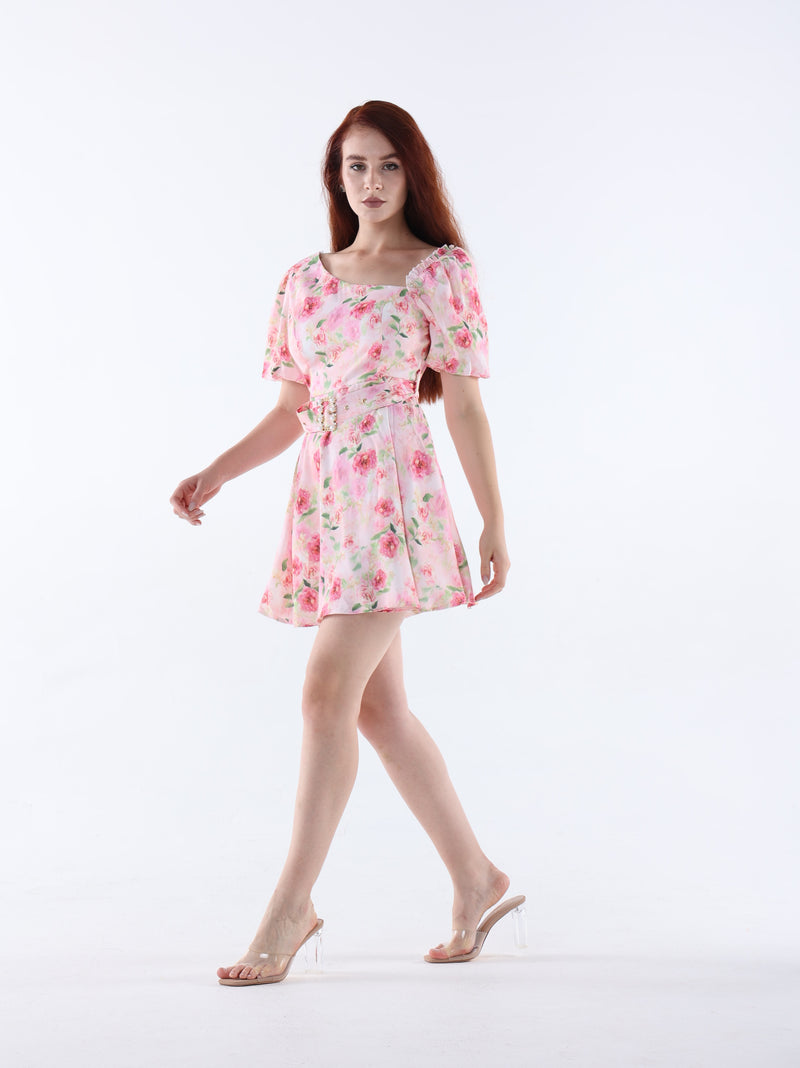 Asymmetric Neck Floral Mini Dress
