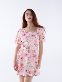 Asymmetric Neck Floral Mini Dress