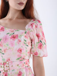Asymmetric Neck Floral Mini Dress