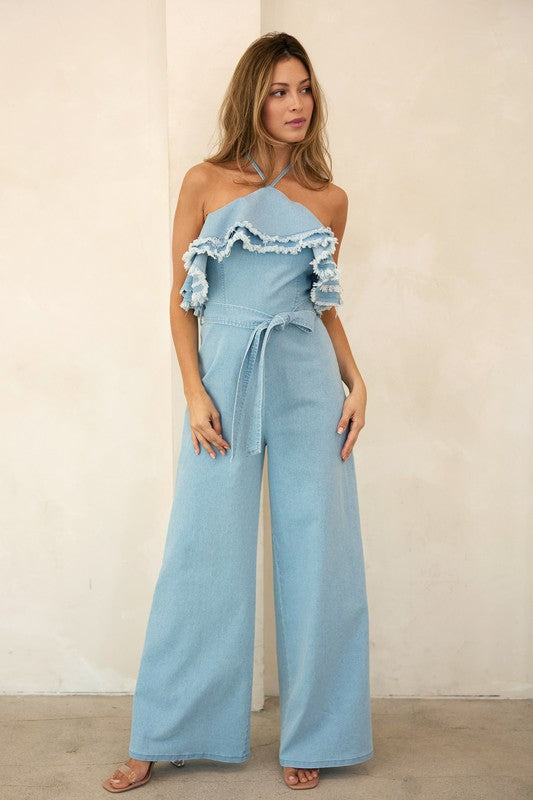 Denim Ruffle Jumpsuit