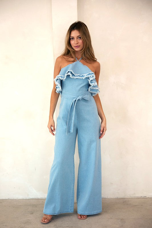 Denim Ruffle Jumpsuit